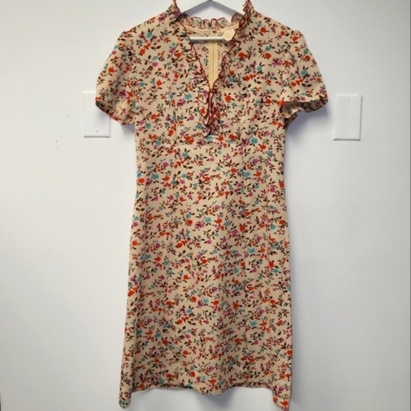 Vintage 70s Montgomery Wards Beige Print Floral Spring Dress Size 16 - Picture 2 of 12